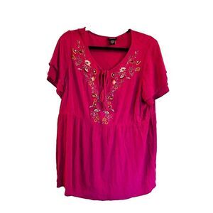 Torrid Plus 1X Pink Boho Embroidered Baby Doll Top